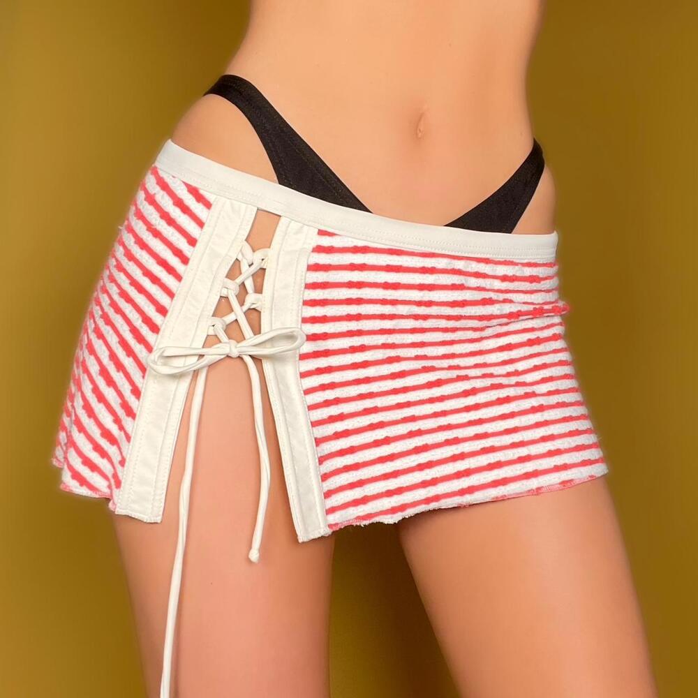 Y2k Lace Up Low Rise Retro Coquette Terrycloth Slit Mini Skirt Cover Up Small